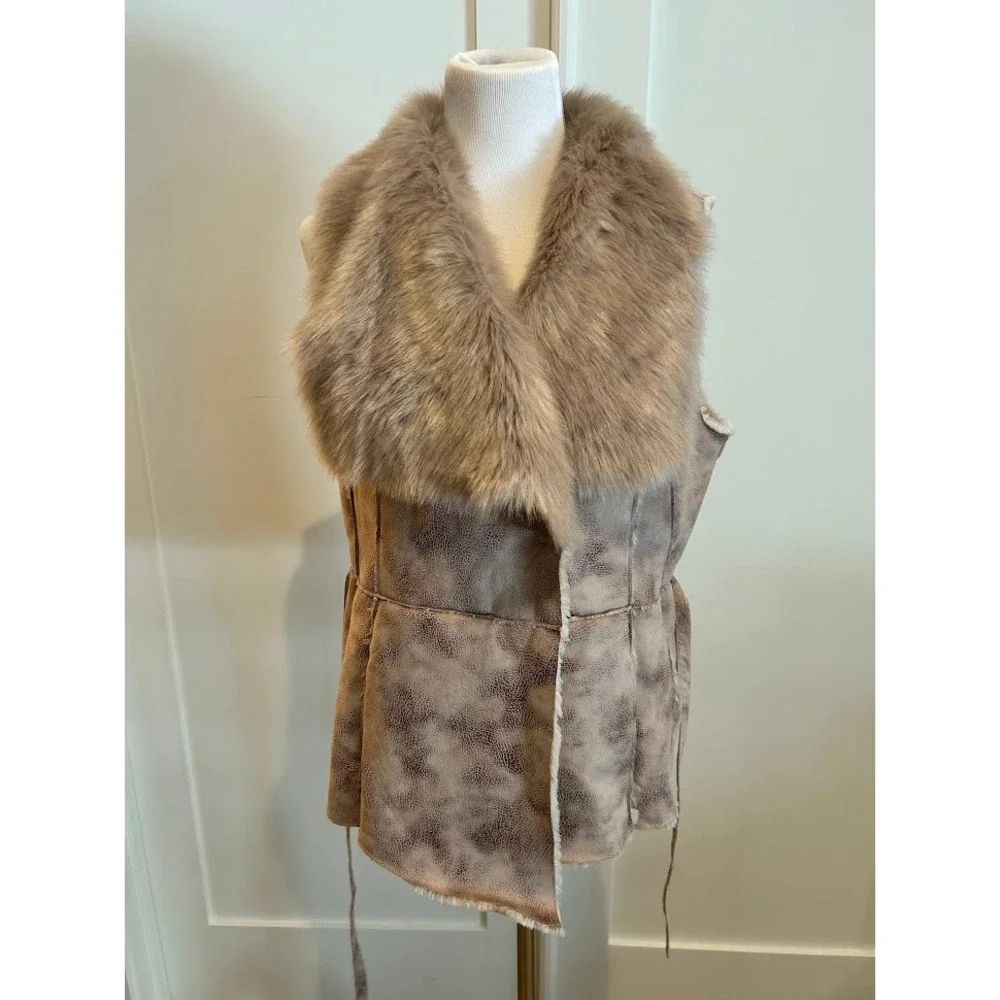 Women's Faux Fur Collar Suede Like Vest‎ Tie Waist Outerwear Layer Dennis Basso